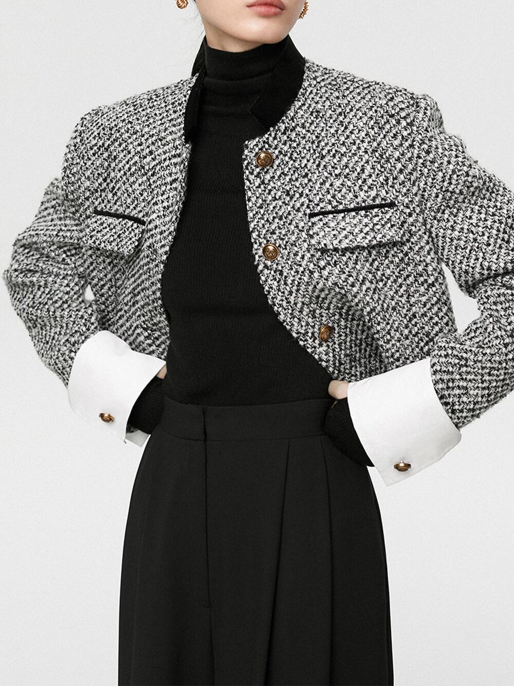 Commense Old Money Elegant Black Tweed Boucle Crop Blazer Wool Blend NWT L